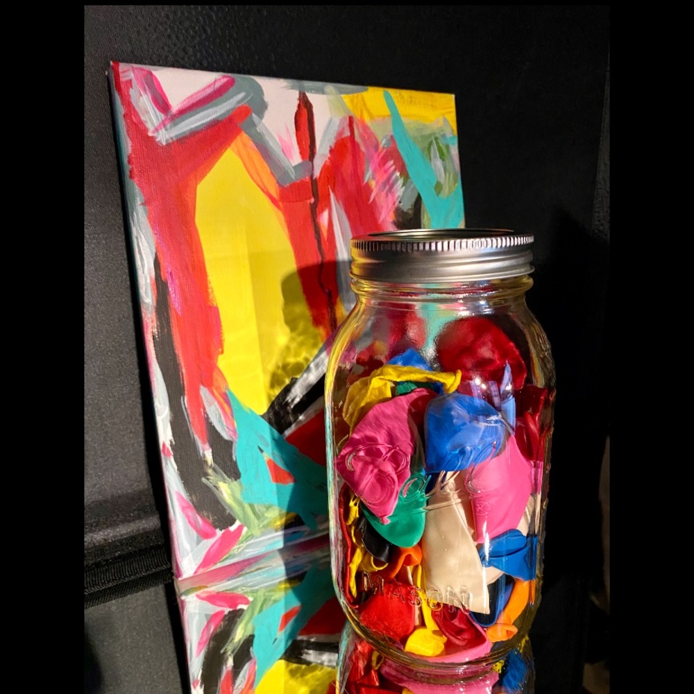 VINTAGE Mason Jar of Multi- Color Balloons - Decor Display Piece